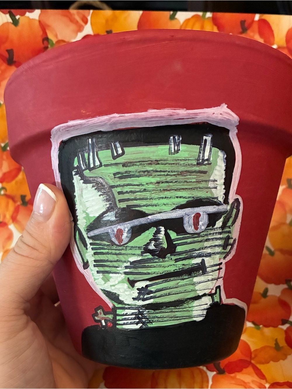 Hand-Painted Frankenstein Flower Pot - Halloween Decor